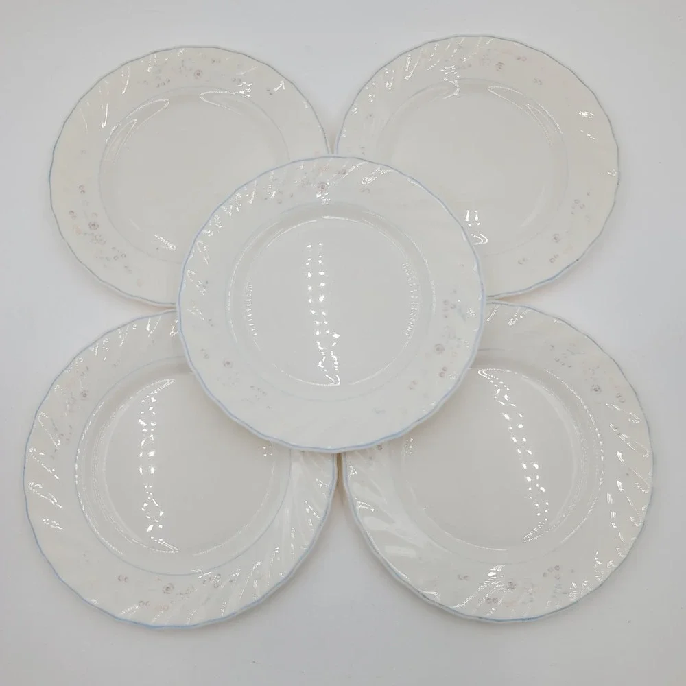 5 Arcopal Victorian Floral Salad Plates White Swirl Scalloped 7.75